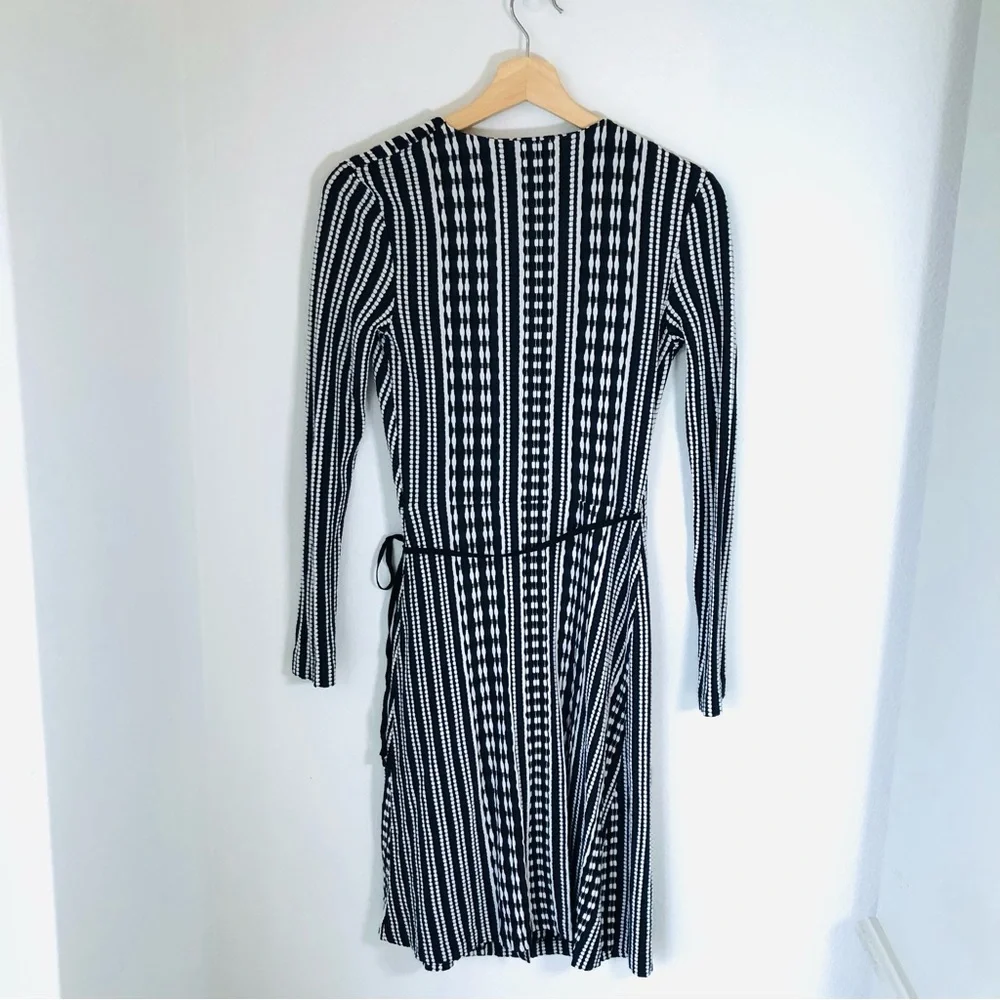 Tory Burch Jacquard Wrap Dress XS Navy Black White Stripe Long Sleeve
